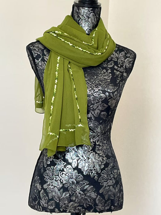 Chiffon Georgette Embroidered Scarf Long Green Stole - Indicana
